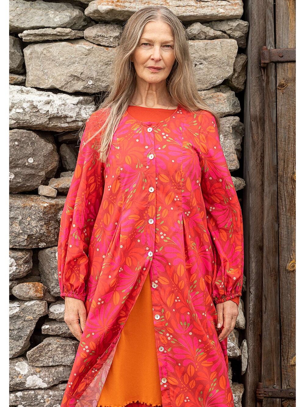 Gudrun Sjoden Kaprifol Organic Cotton Midi Dress Tunic Sz S Long Sleeve Red Pink
